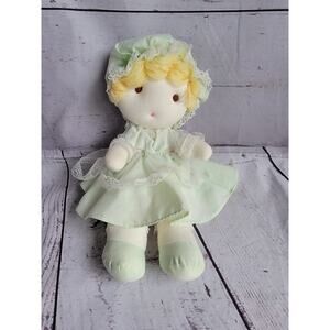 Vintage Cloth Doll Yarn Yellow Blond Hair Green Dress